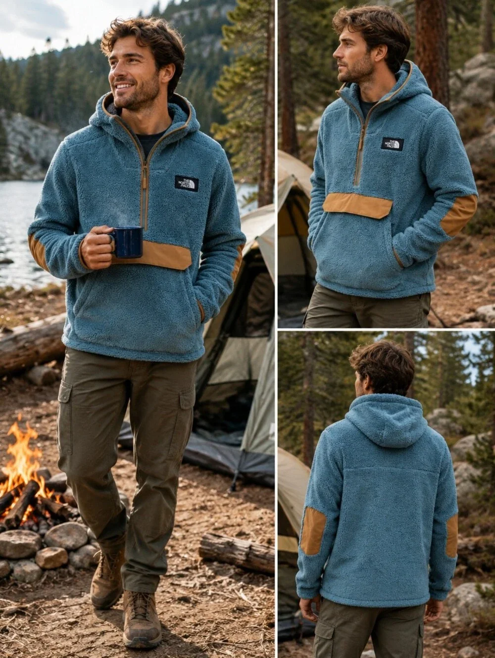 The North Face Men’s Campshire Sherpa Fleece Hoodie Pullover Blue Tan Small